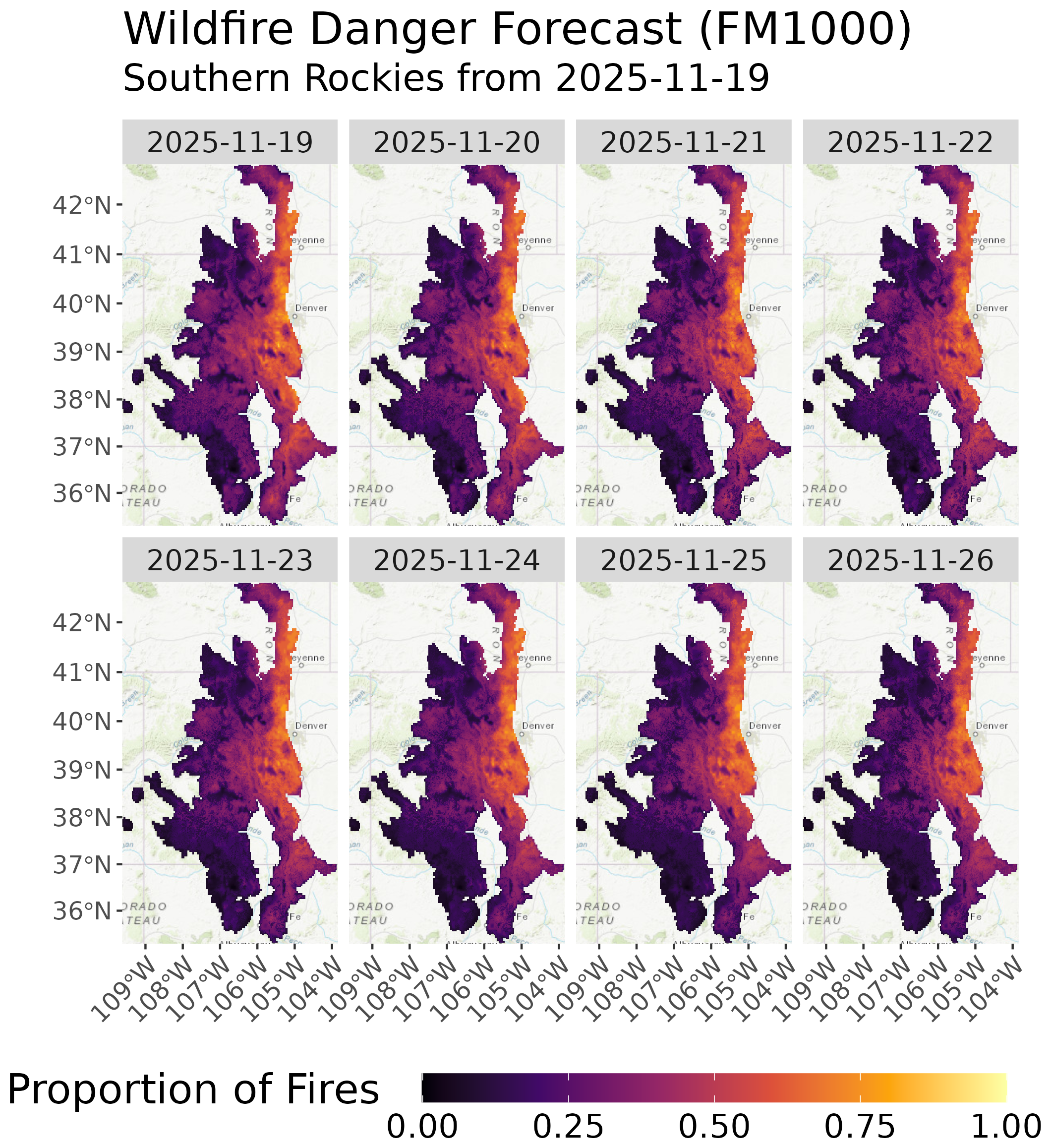 Wildfire danger forecast for the Southern Rockies ecoregion